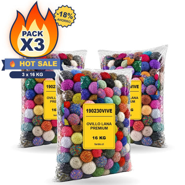 Pack X3 Ovillo Lana Premium 48 kg: 3 sacos de 16 kg SKU 190230VIVE – Fardo.cl (FOTO REFERENCIAL)