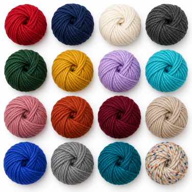 Flatlay referencial de 16 ovillos de lana premium en colores y texturas surtidas, sobre fondo blanco. SKU 190230VIVE.