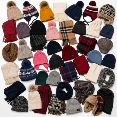 Flat lay de accesorios de invierno premium europeo: gorros, bufandas y echarpes surtidos, SKU 190790VIVE.