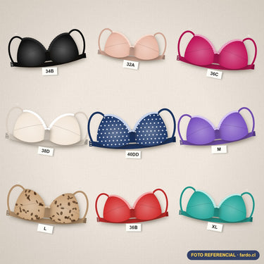Flat lay de sostenes de mujer en múltiples tallas y colores, referencia del contenido SKU 191022VIVE – Fardo.cl