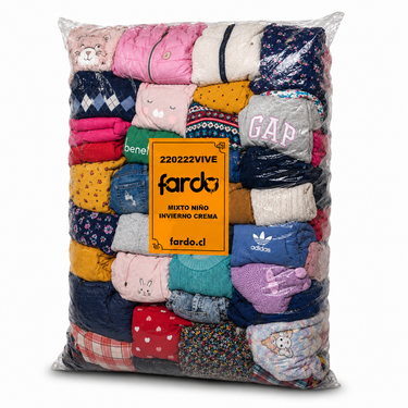 Saco Ropa Mixta Invierno Niños y Niñas Crema Premium Europeo 20 Kilos SKU 220222VIVE con parkas, sweaters, polerones, jeans, pantalones de cotelé, buzos, vestidos y ropa infantil de invierno importada desde Europa.