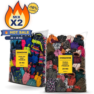 Pack Mix 40 kg: saco ropa ski niño SKU 220402VIVE + saco parkas unisex SKU 310022VIVE – Fardo.cl (FOTO REFERENCIAL)