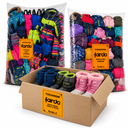 Pack de ropa ski niño 220402VIVE, parkas niño 310042VIVE y botas de nieve 725340GM: dos sacos y una caja con etiquetas Fardo sobre fondo blanco. Foto referencial.