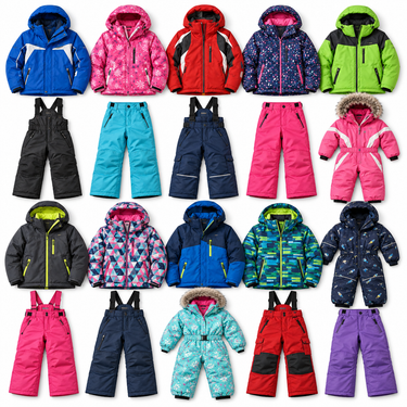 Foto referencial: prendas infantiles de ski surtidas en flat lay, subasta SKU 220402VIVE