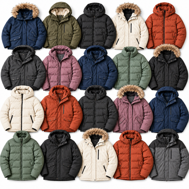 Foto referencial: flat lay de 20 parkas unisex de invierno surtidas, SKU 310022VIVE