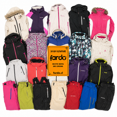Flat Lay de ropa ski premium con chaquetas, parkas y pantalones técnicos para nieve, ideal para tiendas outdoor, ski rental y reventa.