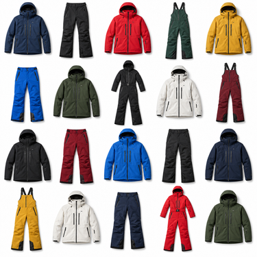 Flatlay referencial de 20 prendas de ski adulto: 10 parkas, 5 pantalones, 3 jardineras y 2 enteritos, SKU 310442VIVE