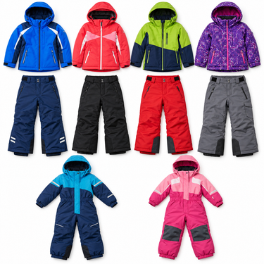 Flatlay referencial de prendas infantiles de ski: parkas, pantalones impermeables y enteritos en colores variados. SKU 322402GM. Fondo blanco.