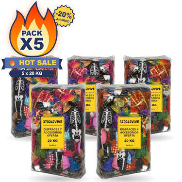 Pack X5 Disfraces y Accesorios Oferta 100 kg: 5 sacos de 20 kg SKU 370242VIVE – Fardo.cl (FOTO REFERENCIAL)
