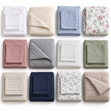 Flatlay referencial de ropa de cama premium surtida: sábanas, fundas, cubrecamas y cobertores sobre fondo blanco. SKU 371005VIVE.
