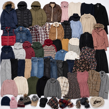 Saco mixto invierno surtido prendas mujer hombre niño 45kg flatlay - mayorista Fardo.cl