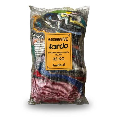 Saco de poleras manga corta mujer 32 kg con etiqueta Fardo 640966VIVE, aprox. 160 prendas para reventa – Fardo.cl (FOTO REFERENCIAL)