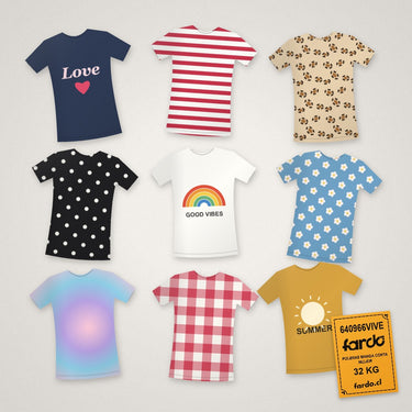 Flat lay de poleras manga corta mujer estampadas y con diseños: rayas, lunares, flores, animal print, cuadrillé, tie dye y gráficos – saco 640966VIVE 32 kg Fardo.cl (FOTO REFERENCIAL)