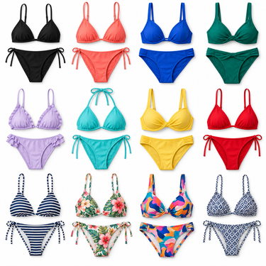 Flatlay referencial de 12 conjuntos de bikini para mujer en colores y estampados variados, sobre fondo blanco. SKU 710111USM.