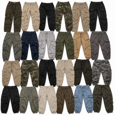Saco pantalones cargo y joggers surtido flatlay 25kg - mayorista Fardo.cl
