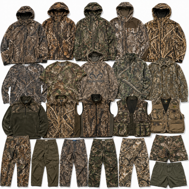 Saco mix camuflaje Realtree caza y pesca surtido flatlay 25kg - mayorista Fardo.cl