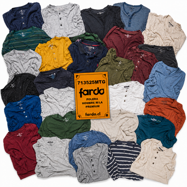 Flat lay con poleras hombre manga larga Premium en variedad de colores, cuellos y diseños, contenido referencial del Saco Poleras Hombre Manga Larga Premium SKU 713525MTG para reventa por mayor.