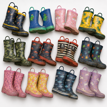 Detalle de la caja de botas de lluvia infantiles: colores, estampados y diseños variados – Fardo.cl