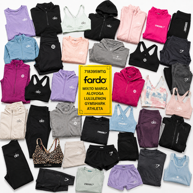 Vista superior (flat lay) del contenido referencial del Saco Mixto Marcas Deportivas Premium 25 Kilos SKU 718395MTG, con prendas deportivas de marcas Lululemon, Alo Yoga, Gymshark y Athleta, ideal para tiendas deportivas, boutiques fitness y emprendimientos de reventa.