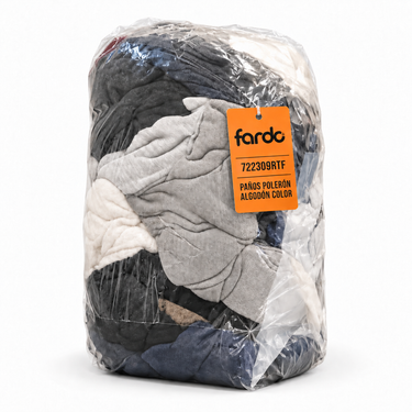 Bolsa de paños de polerón de algodón cortado en colores surtidos, 1 kg, SKU 722309RTF, con etiqueta Fardo sobre fondo blanco.