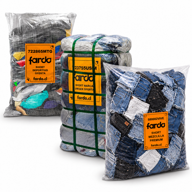 Pack de tres fardos: shorts deportivos 722865MTG, shorts surtidos 723755USM y shorts de mezclilla mujer 580682VIVE, con etiquetas Fardo sobre fondo blanco. Foto referencial.