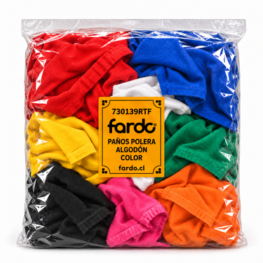 Bolsa de 1 kg con aproximadamente ocho paños grandes de polera de algodón en colores surtidos, sellada y con etiqueta oficial Fardo. SKU 730139RTF. Foto referencial.